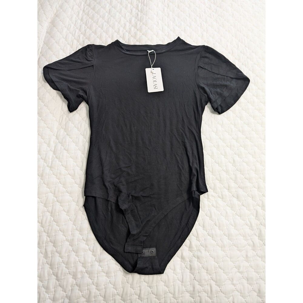 LAOLASI Women's Petal Short Sleeve Bodysuit Black Crew Neck Stretchy Tee Size L